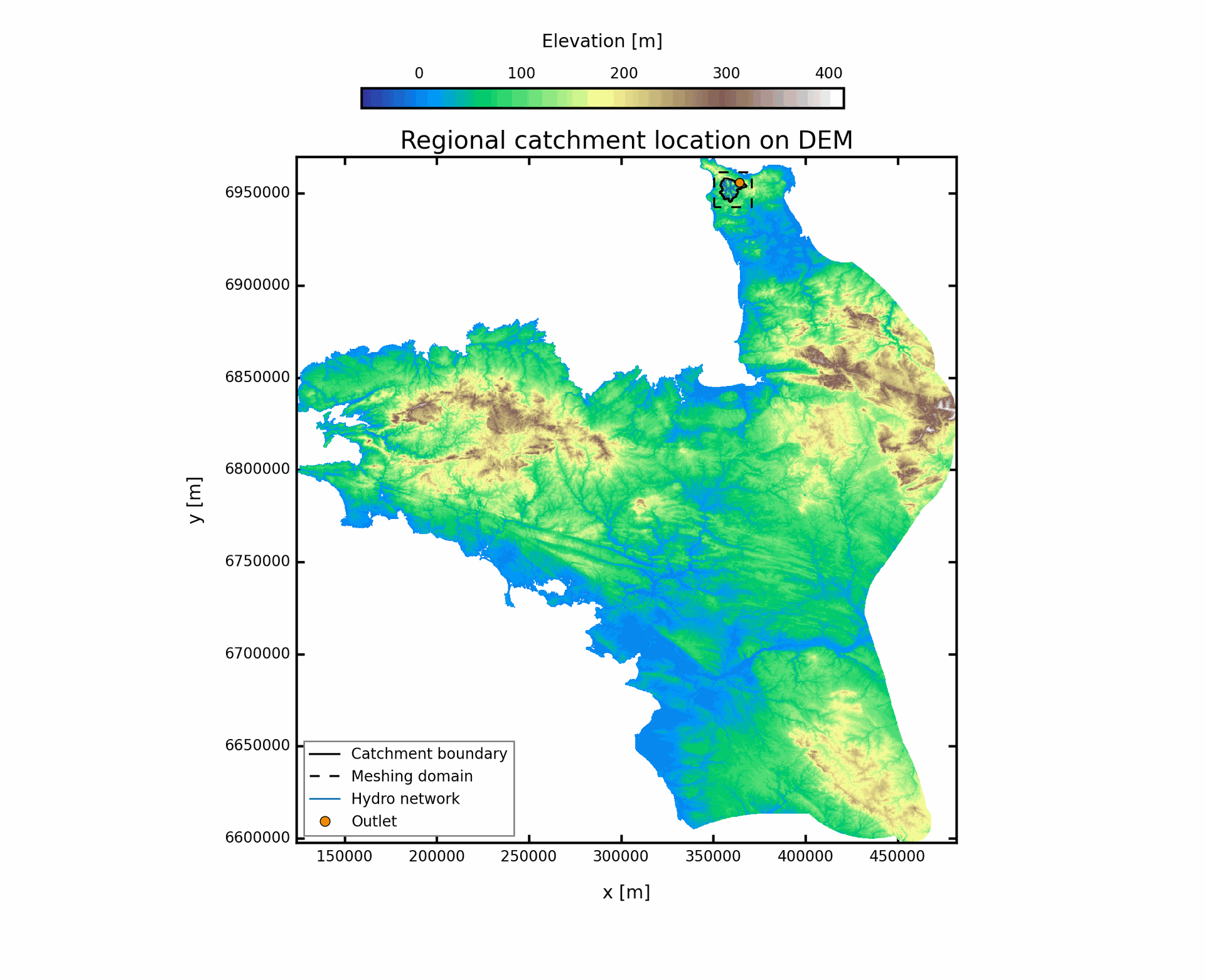 100 km2, headwater Mesh, Outlet 27, floor 200 m, river target 200 m regional context