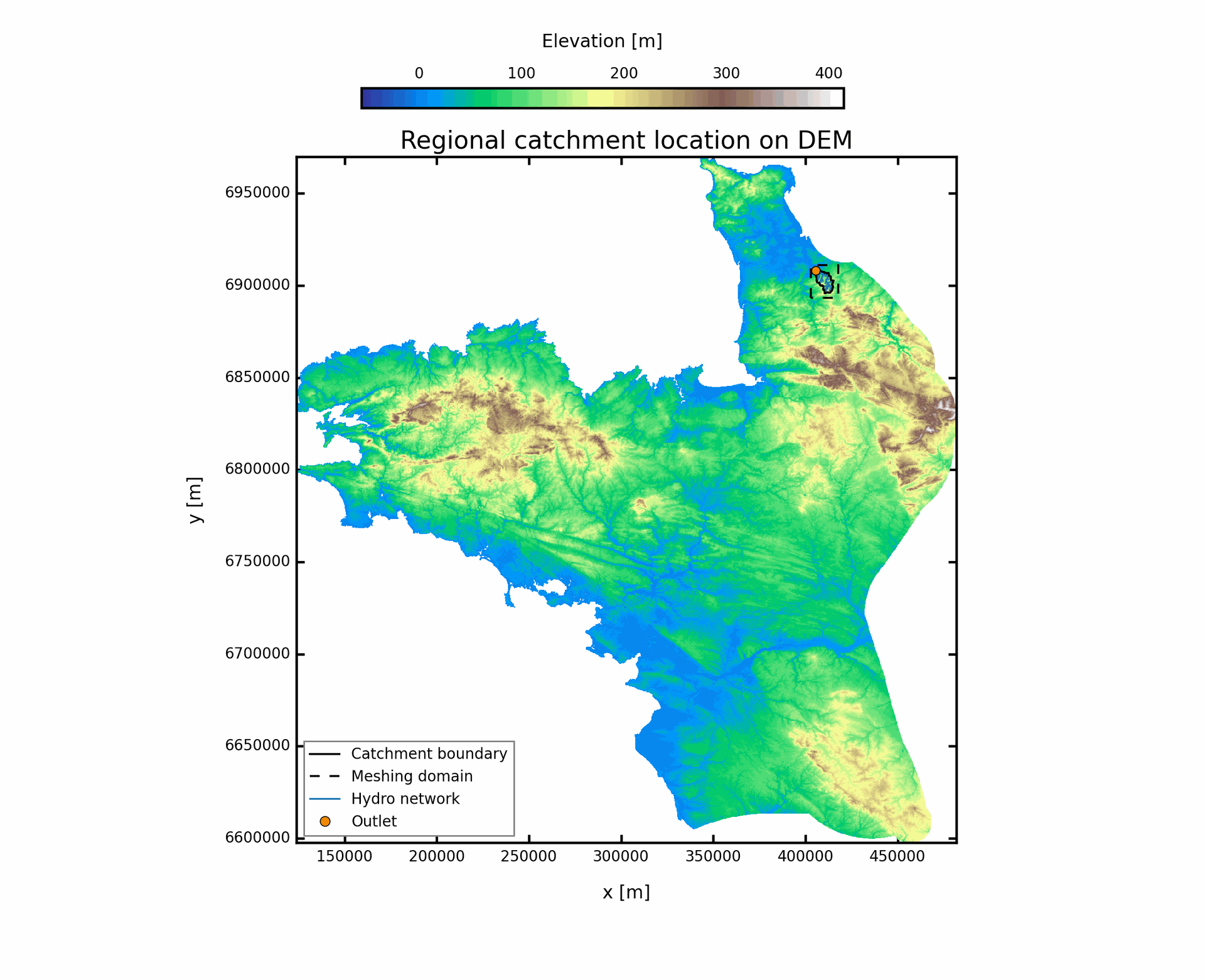 100 km2, Strahler 3 Mesh, Outlet 31, Geology + rivers, 30% buffer regional context